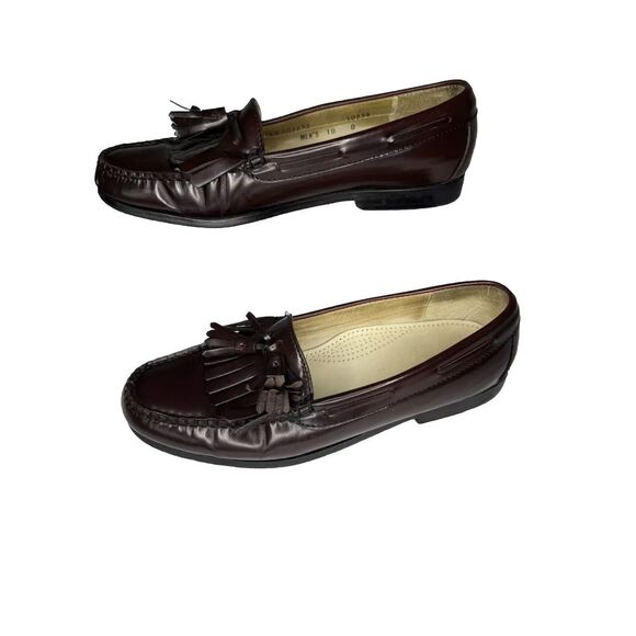 Cole Haan Mens Burgundy Sz 10 Loafers Tassles Leather Slip On Vibram Soles Shoes - Picture 1 of 7